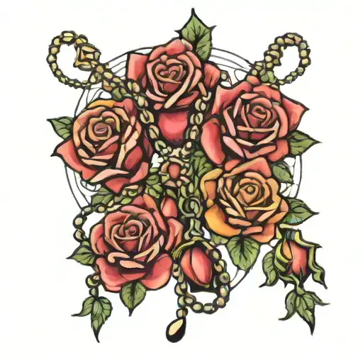 roses and double rosary hanging tattoo design idea