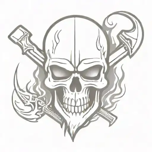 skull wearing helmet engulfed in flames and a battle axe tattoo design idea