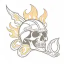 skull wearing helmet engulfed in flames with a halligan tattoo design idea