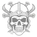 skull wearing a medieval helmet engulfed in flames and impaled on battle axe  tattoo design idea