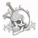 skull wearing a medieval helmet engulfed in flames and impaled on battle axe  tattoo design idea