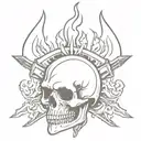 skull wearing a medieval helmet engulfed in flames and impaled on battle axe  tattoo design idea