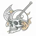 skull wearing a medieval helmet engulfed in flames and impaled on battle axe  tattoo design idea
