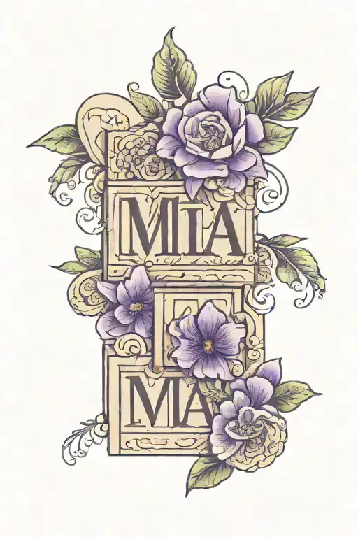 "Mia" Spelled out in wooden blocks with violet flower tattoo design idea