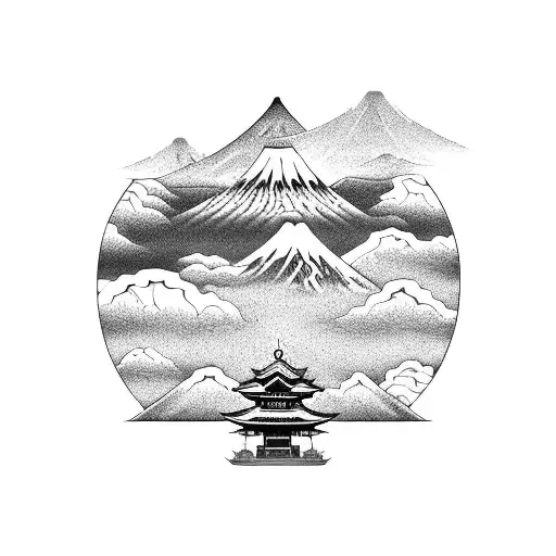 A traditional Japanese dragon wrapping around a torii gate with Mt. Fuji in the background tattoo design idea