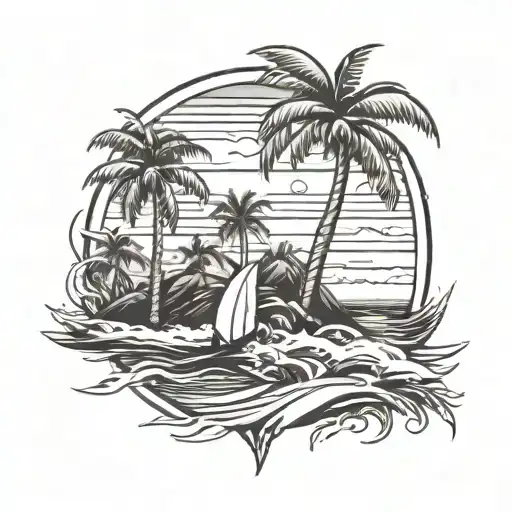 surfing land scape with palm trees with surfboards on trees  tattoo design idea