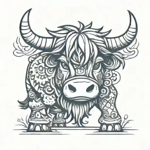 highland cow warrior  tattoo design idea