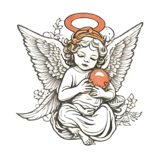 angel holding an infant with wings spread and a big red one above the angel  tattoo design idea