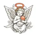 angel holding an infant with wings spread and a big red one above the angel  tattoo design idea