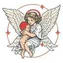 angel holding an infant with wings spread and a big red one above the angel  tattoo design idea