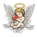 angel holding an infant with wings spread and a big red one above the angel  tattoo design idea