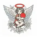 angel holding an infant with wings spread and a big red one above the angel  tattoo design idea