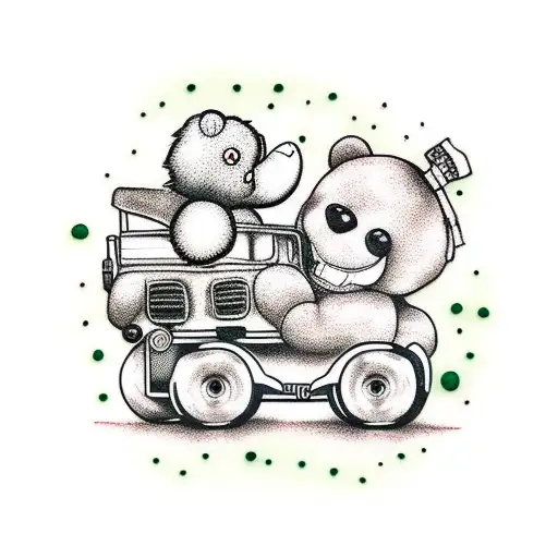 Black and Green Monster Truck with a Teddy Bear riding it tattoo design idea