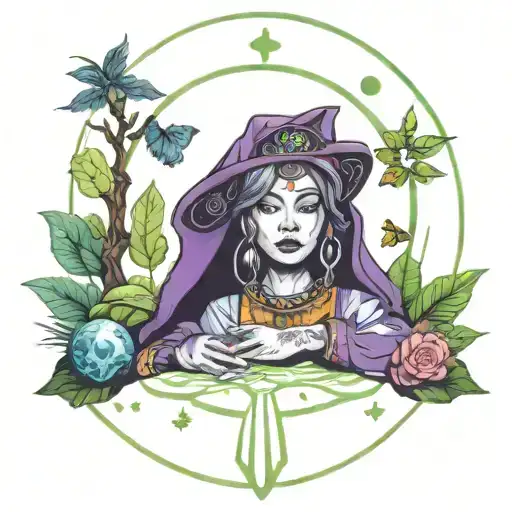 A mystical fortune teller surrounded by nature and reiki symbols tattoo design idea