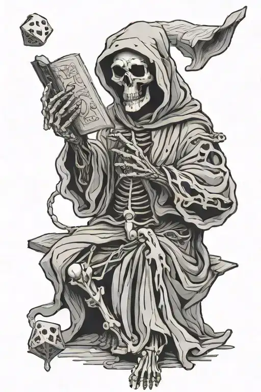 robed skeleton lich with a hood holding a book in one hand and floating dice in the other tattoo design idea