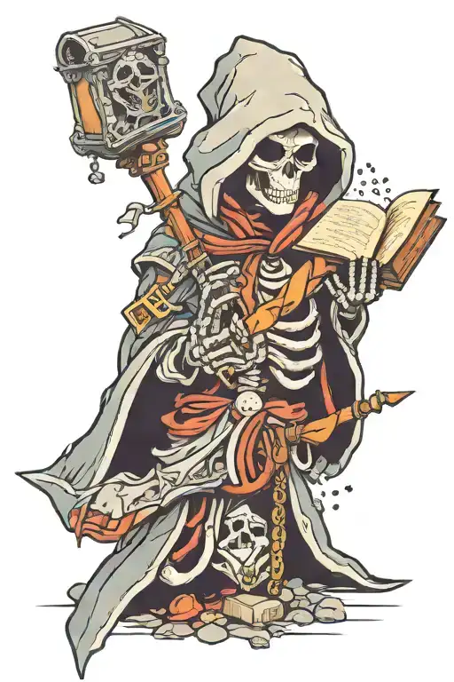 robed skeleton with a hood holding a book in one hand and floating dnd dice in the other tattoo design idea