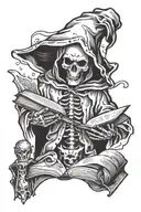 robed skeleton with a hood holding a book in one hand and floating dnd dice in the other tattoo design idea