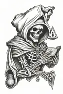 robed skeleton with a hood holding a book in one hand and floating dnd dice in the other tattoo design idea