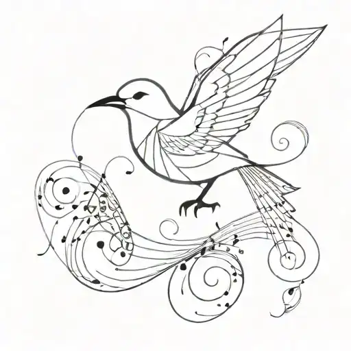 A minimalist geometric tattoo of a bird with its body composed of intricate music notes, reflecting the client's love for both music and birds tattoo design idea