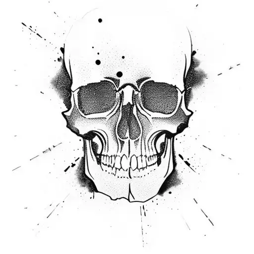 Black and grey tattoo of a skull with paint splatters as the background tattoo design idea