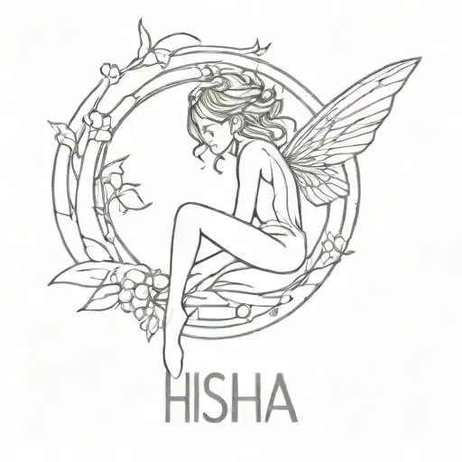 fairy at the top of name isha name tatoo readable font  tattoo design idea