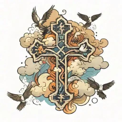 Cross with a background of clouds and birds tattoo design idea