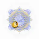 An intricate design featuring a golden Bitcoin coin surrounded by binary code patterns and a QR code linking to a digital wallet, along with a quote about the power of decentralized currency tattoo design idea