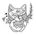 fat cat smelling flowers tattoo design idea