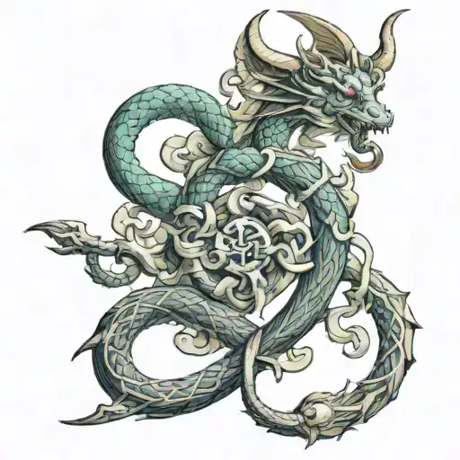 The staff of Asclepius, on which instead of a snake two dragons, one white gold, the other gold white, instead of a staff there should be a sword tattoo design idea