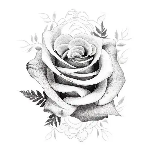 black & white Fine line flower bouquet (only roses and daffodils) with ferns foliage  tattoo design idea