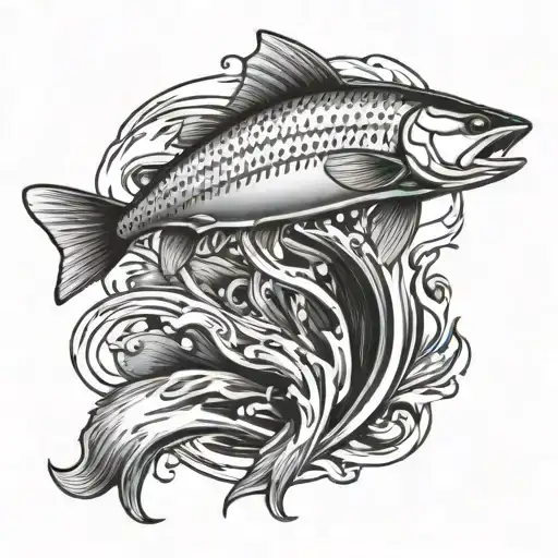 Create a forearm tattoo featuring Mörrum's famous salmon fish jumping out of the river tattoo design idea