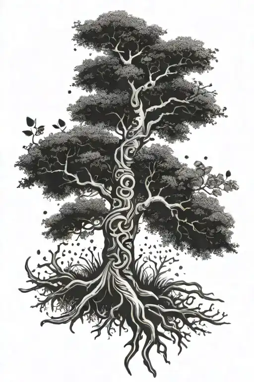 Tree of Life tattoo, pointillism, whip shading, black and white. Roots on wrist, ornamental trunk, foliage and leaves tattoo design idea