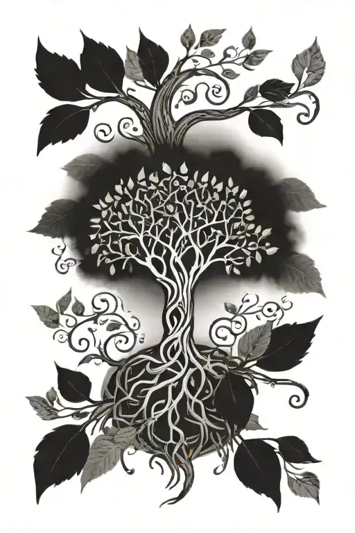 Tree of Life tattoo, pointillism, whip shading. Roots and leaves wrap around the arm, ornamental trunk, foliage, leaves tattoo design idea