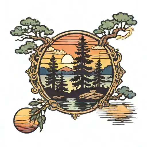 evergreen trees colors sunset over lake tattoo design idea