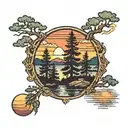 evergreen trees colors sunset over lake tattoo design idea