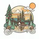 evergreen trees colors sunset over lake tattoo design idea