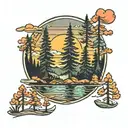 evergreen trees colors sunset over lake tattoo design idea