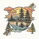 evergreen trees colors sunset over lake tattoo design idea