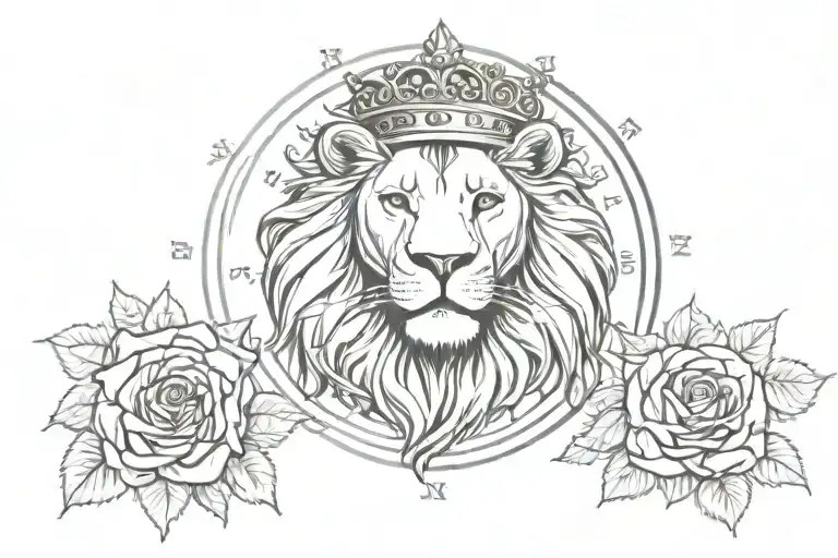 Lion wearing crown of roses infront of a compass surrounded tattoo design idea