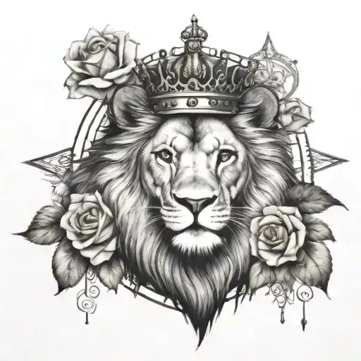 Lion wearing crown of roses infront of a compass surrounded tattoo design idea