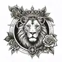 Lion wearing crown of roses infront of a compass surrounded tattoo design idea