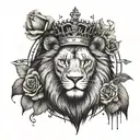 Lion wearing crown of roses infront of a compass surrounded tattoo design idea