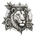 Lion wearing crown of roses infront of a compass surrounded tattoo design idea