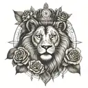Lion wearing crown of roses infront of a compass surrounded tattoo design idea