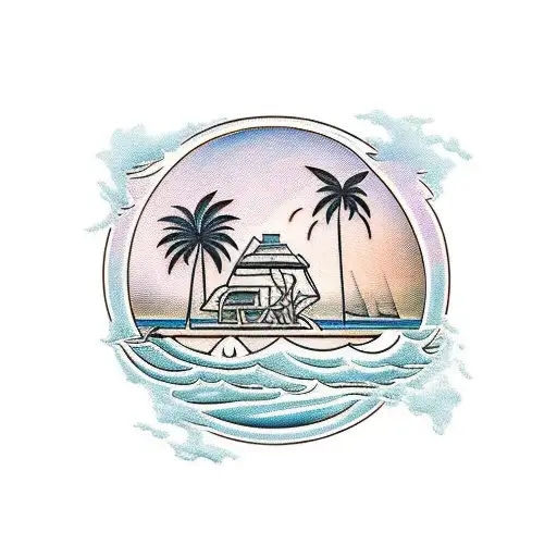 Traditional style tattoo of a beach scene with palm trees and a baseball diamond in the foreground tattoo design idea