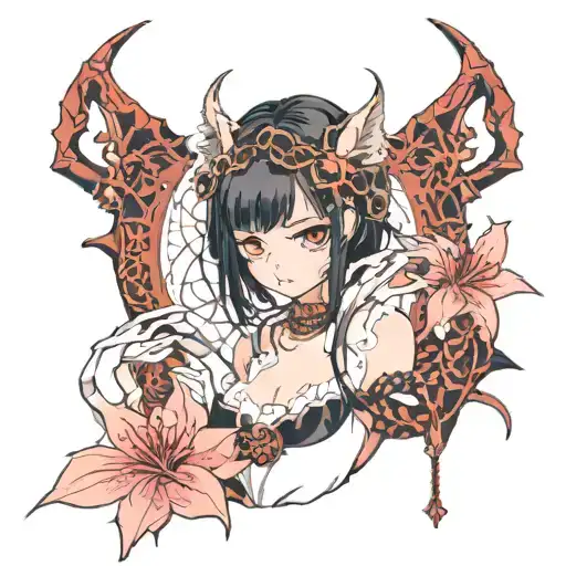 bust, black hair girl, spider lily, japan, chains, spiders, cat, devil horns tattoo design idea