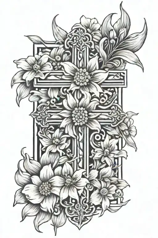 Cross with daisies and daffodil flowers tattoo design idea