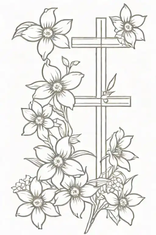 Cross with daisies and daffodil flowers tattoo design idea
