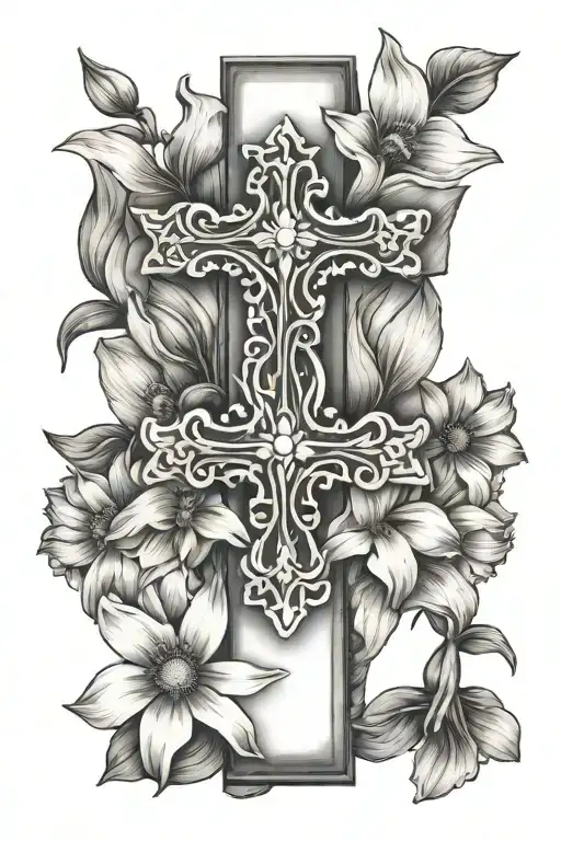 Cross with daisies and daffodil flowers tattoo design idea