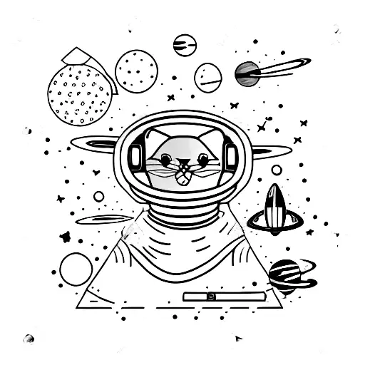 A minimalist tattoo of a funny cat wearing a space helmet floating among planets and stars tattoo design idea